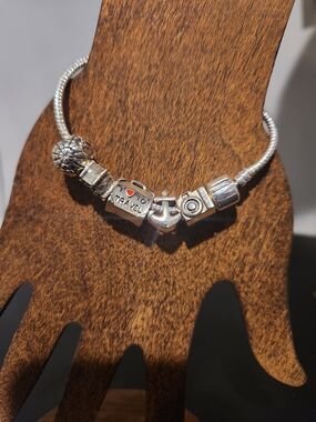 Silver Travel Charm Bracelet with Heart, Anchor and Camera Charms